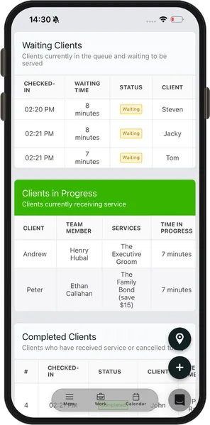 Barber managing walk-in queue from mobile app